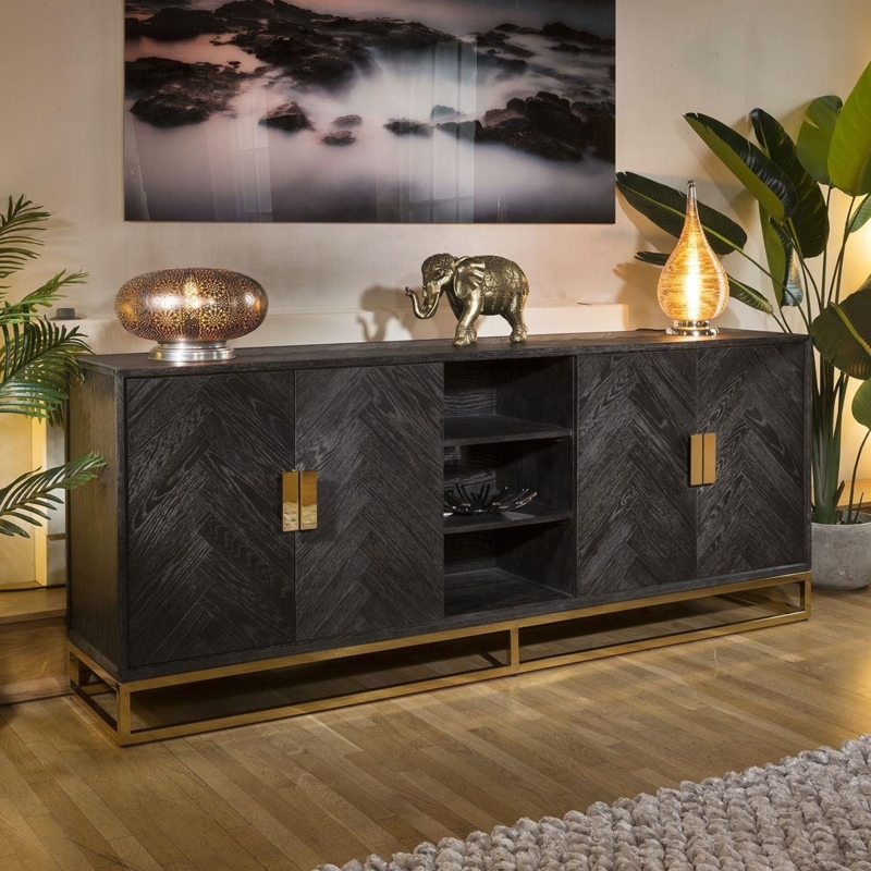 Luxury Black Oak and Gold Sideboard Cabinet