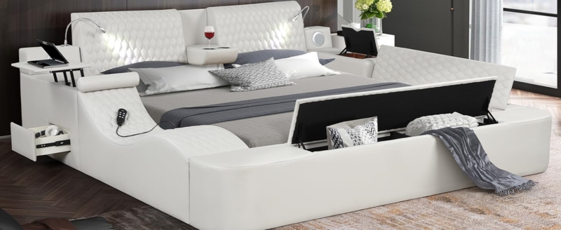 Luxury Multifunctional Smart White Leather Bed Frame