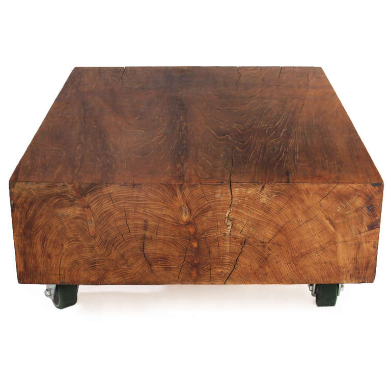 Massive Solid Teak Block Coffee Table on Casters