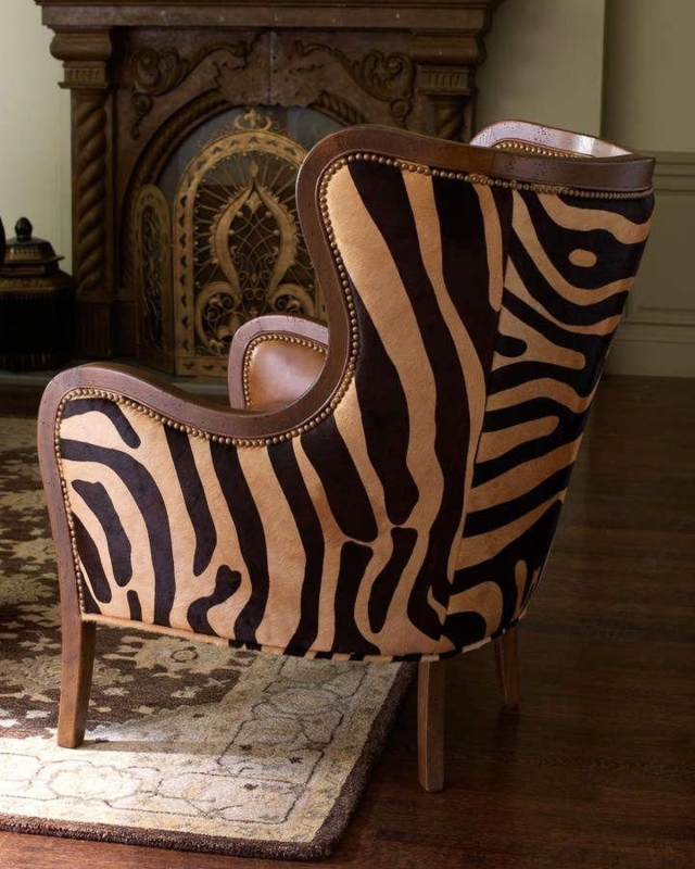 Massoud Chocolate Zebra Print Leather Wing Chair