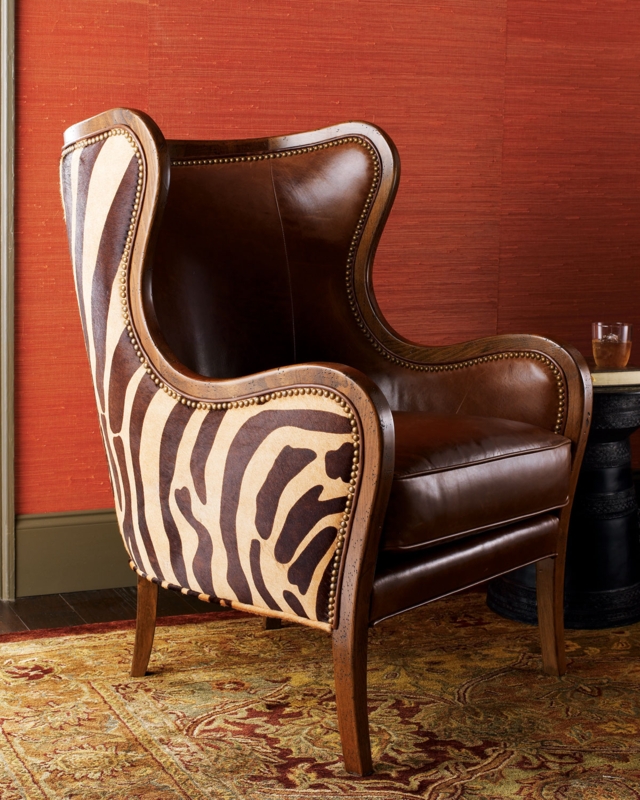 Massoud Leather Zebra Print Wing Chair