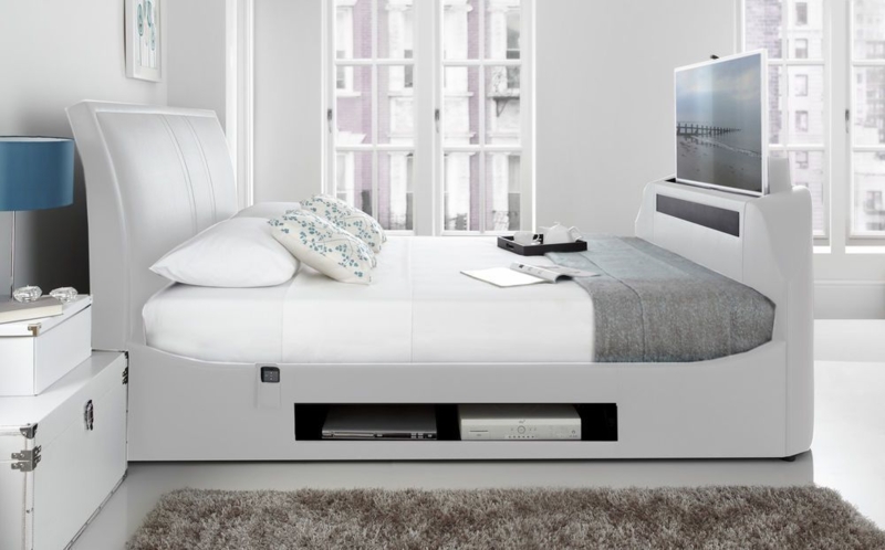 Maximus White Leather King Size TV Bed with Storage