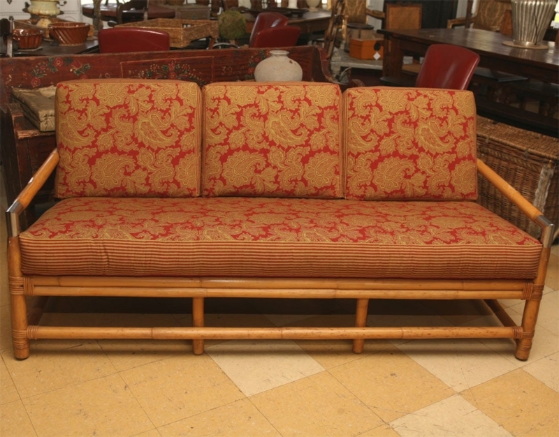 Mid Century Bamboo Sofa with Patterned Cushions