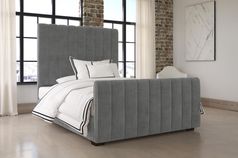Mid-Century Grey Velvet Upholstered Queen Platform Bed