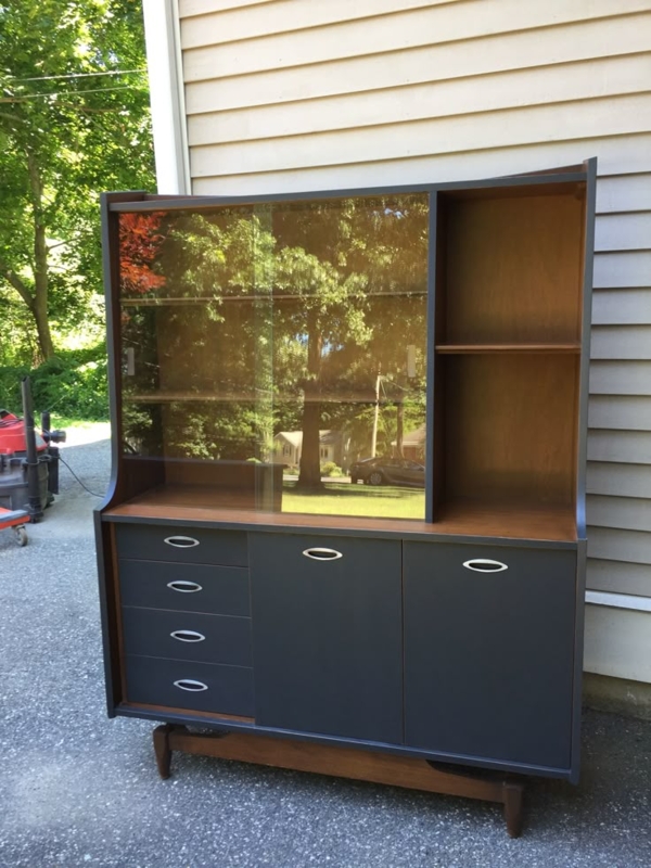 Mid Century Modern Hutch in Natural Wood and Graphite