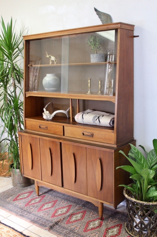 Mid Century Modern Hutch with Vintage Wicker Accents