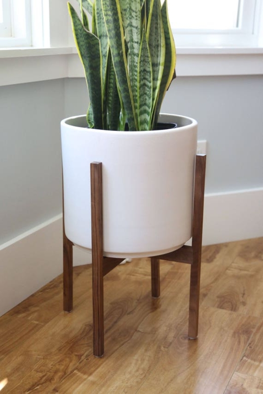 Mid-Century Modern Large Planter with Wooden Stand