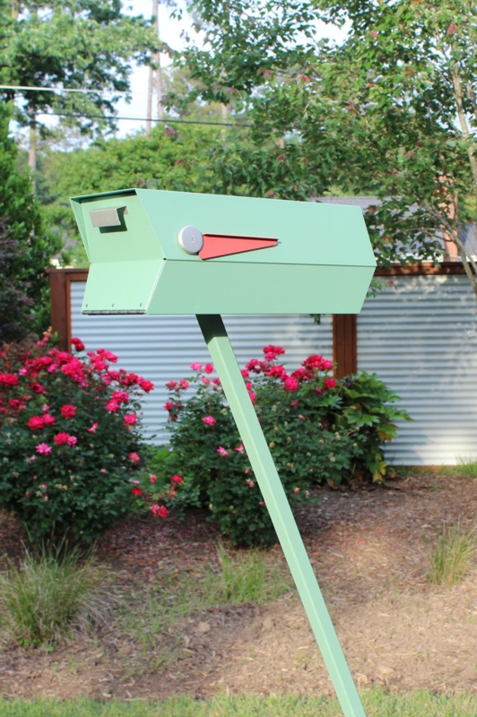 Mid-Century Modern Mint Green Mailbox with Red Flag