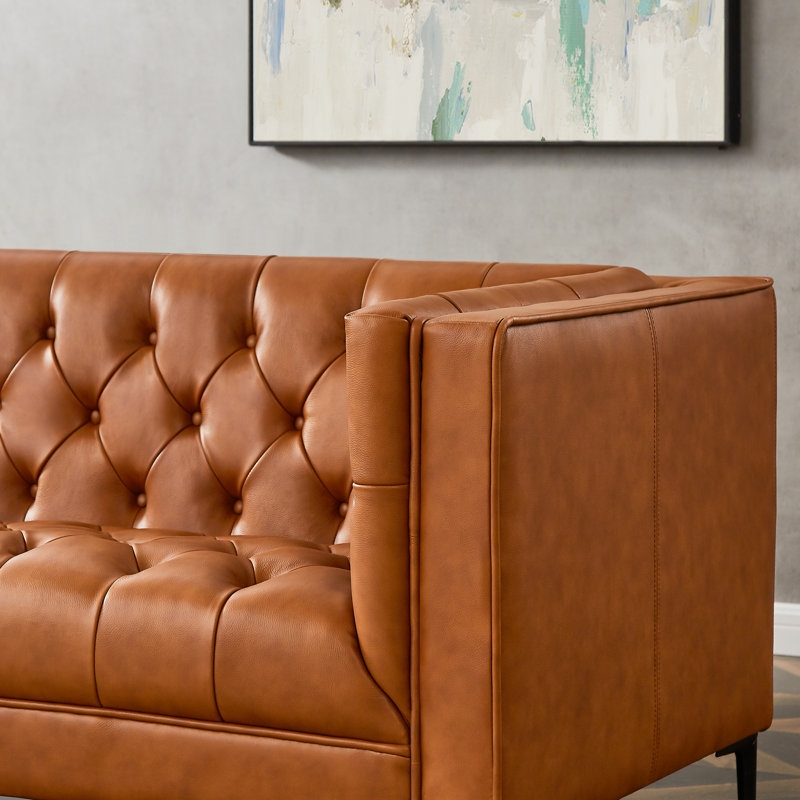 Mid Century Modern Tan Leather Chesterfield Sofa