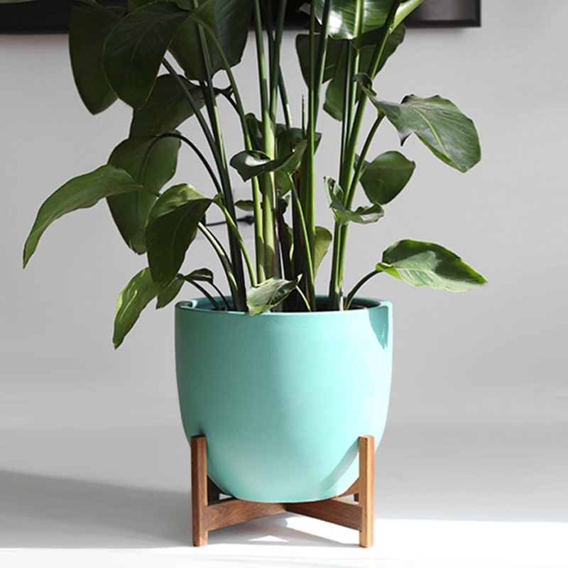 Mid Century Modern Turquoise Ceramic Planter with Stand