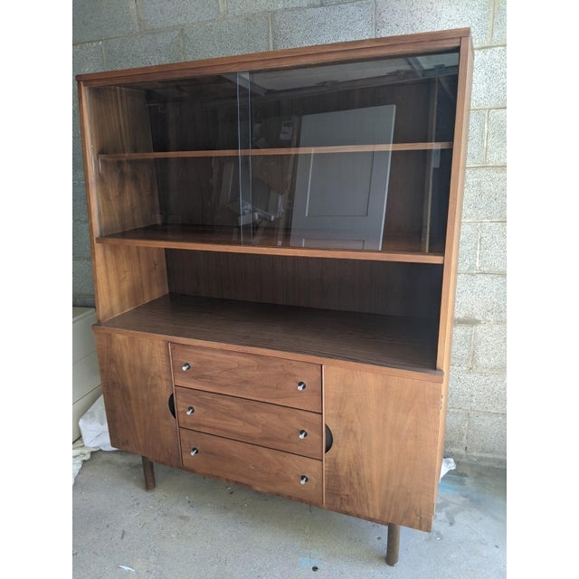 Mid-Century Modern Walnut Hutch with Glass Doors