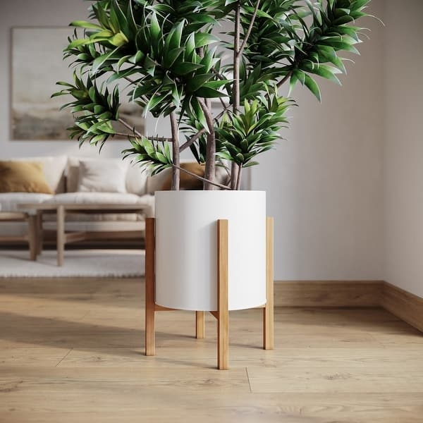 Mid-Century Modern White Planter with Wooden Stand
