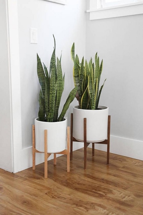 Mid Century Modern White Planters with Wooden Stands