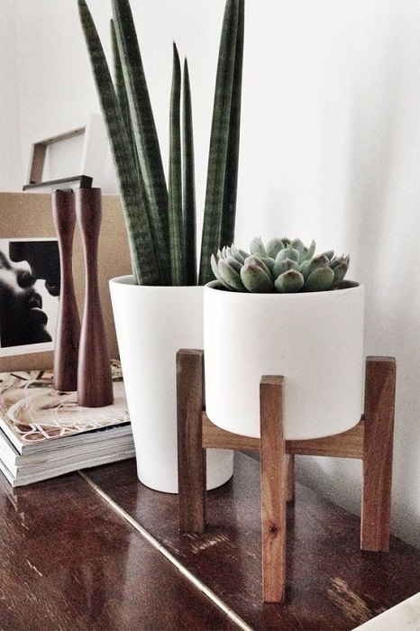 Mid Century Modern White Planters with Wooden Stands