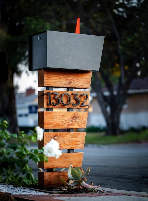 Mid Century Modern Wooden Block Mailbox with House Numbers