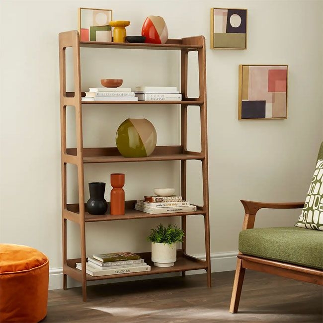 Mid-Century Modern Wooden Bookshelf with Decor