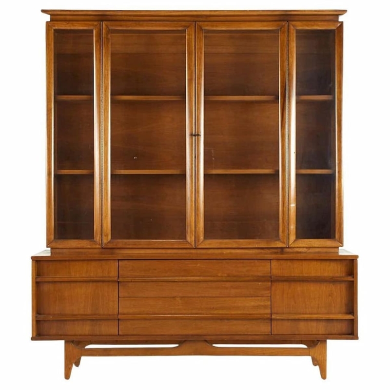 Mid Century Modern Wooden Hutch with Glass Doors