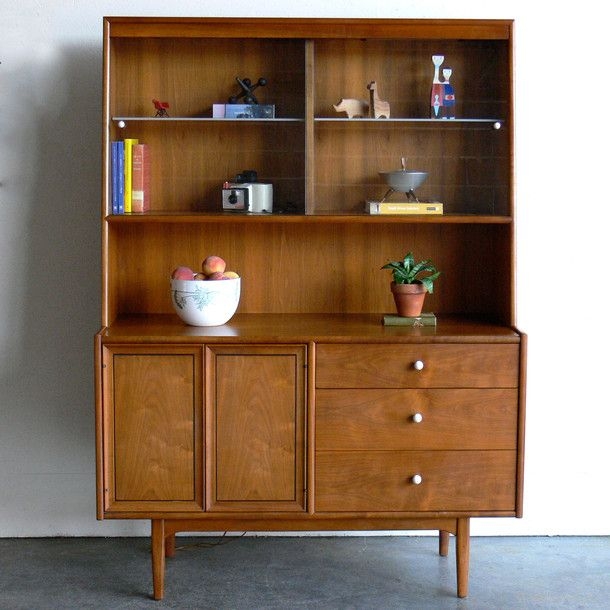 Mid Century Modern Wooden Hutch with Glass Shelves