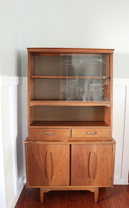 Mid-century Modern Wooden Hutch with Sliding Glass Doors