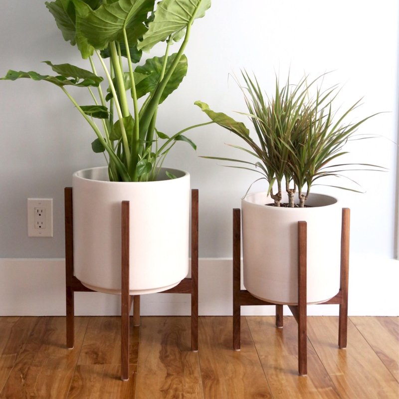Mid-Century Modern Wooden Plant Stands with White Planters
