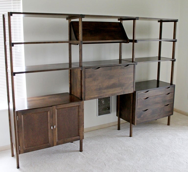 Mid-Century Modern Wooden Wall Shelving Unit with Desk