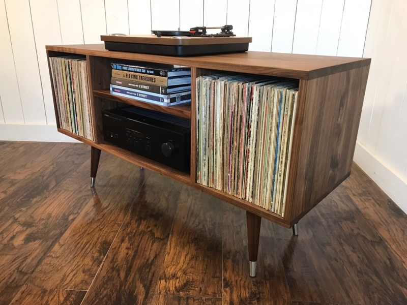 Mid-Century Solid Walnut Turntable Console Cabinet