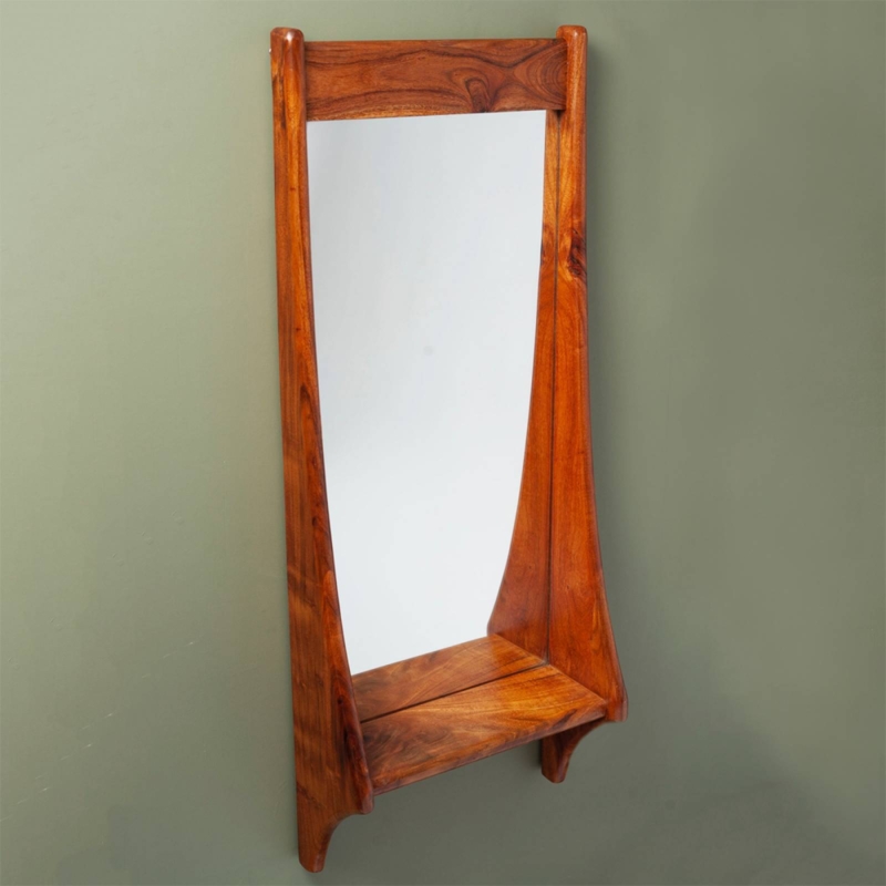 Mid Century Style Wooden Mirror With Shelf & Hooks