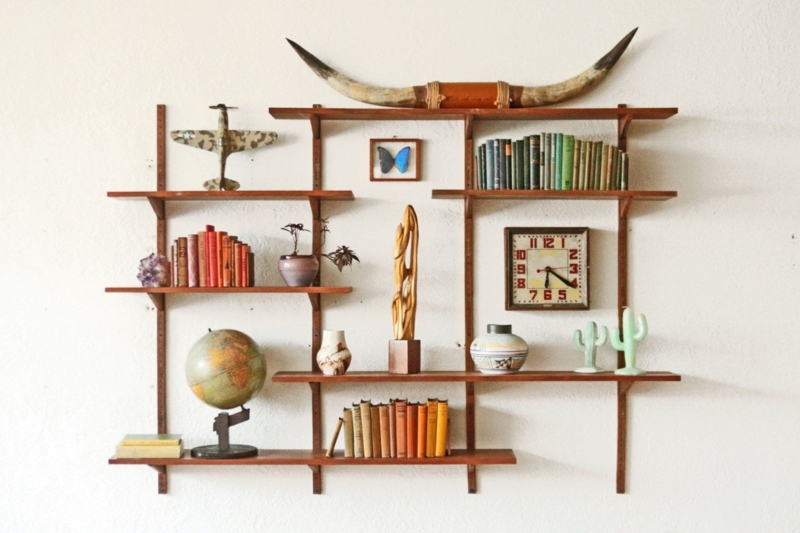 Mid Century Walnut Wall Shelving Unit with Decor
