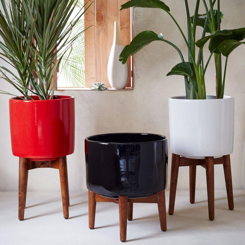 Mid-Century Wooden Leg Planters in Bold Colors