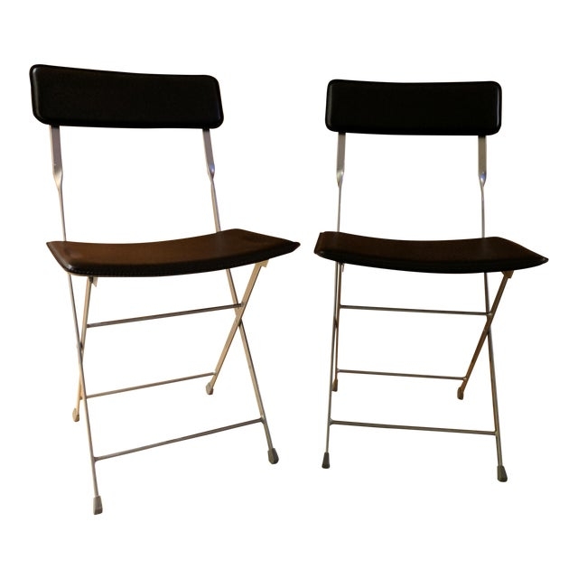 Minimalist Black Leather Folding Chairs Pair
