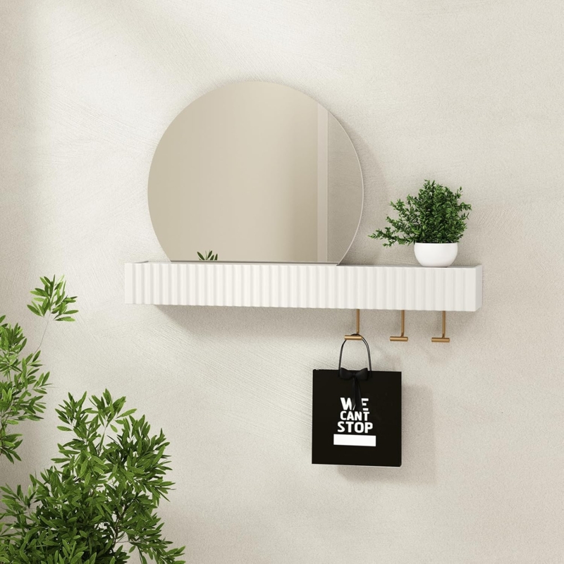 Minimalist Round Mirror with Shelf and Hooks