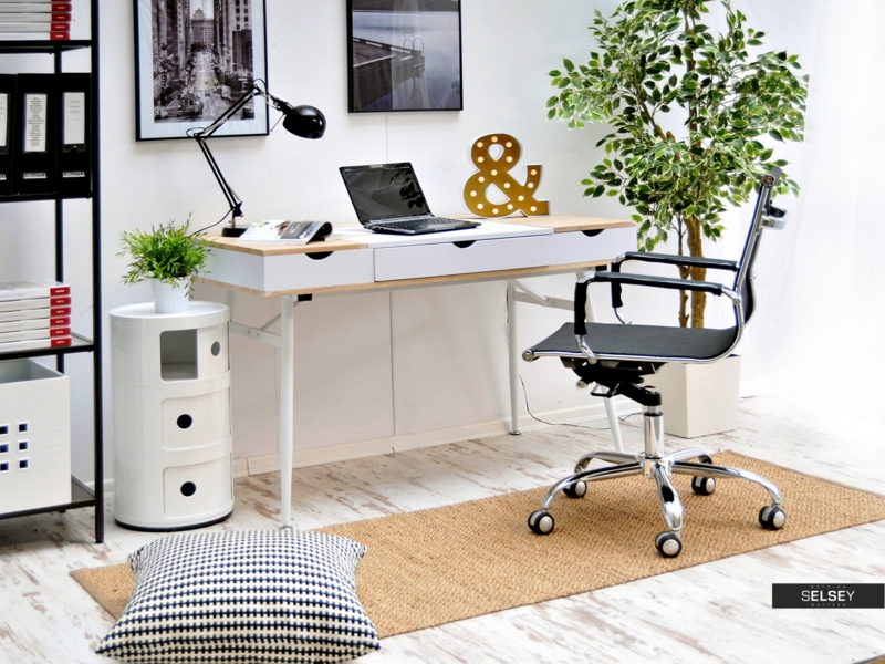 Minimalist White Scandinavian Desk with Black Office Chair
