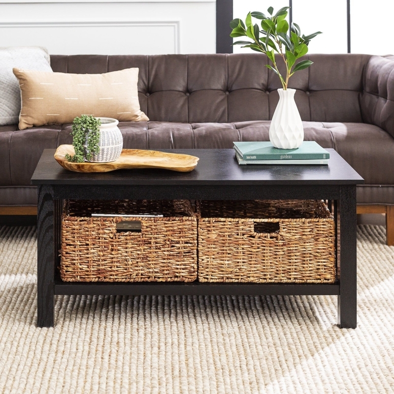 Mission Style Coffee Table with Woven Storage Baskets