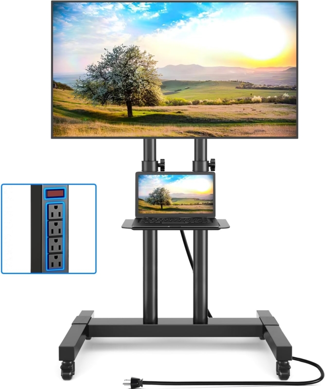 Mobile TV Stand with Power Outlets and Laptop Shelf