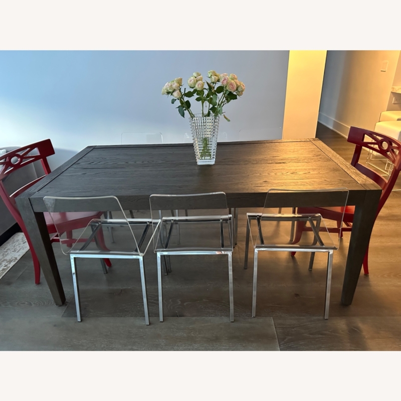 Modern 120 Inch Dark Wood Dining Table with Clear Chairs
