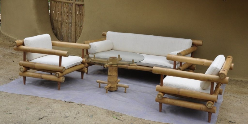 Modern Bamboo Sofa Set with White Cushions