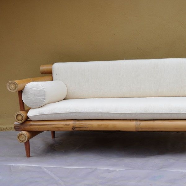 Modern Bamboo Sofa with Cream Cushions