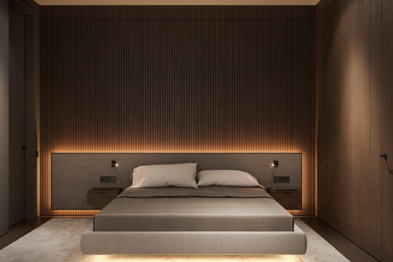 Modern Bedroom with Backlit Wooden Headboard Design