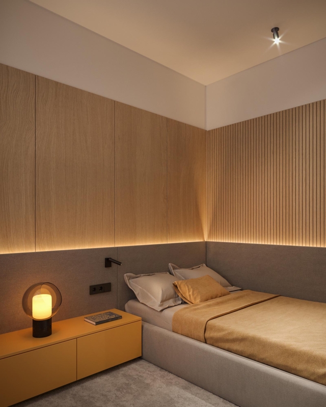 Modern Bedroom with Warm Backlit Headboard Design