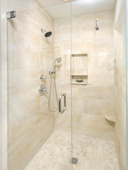 Modern Beige Tile Shower with Built-In Foot Rest