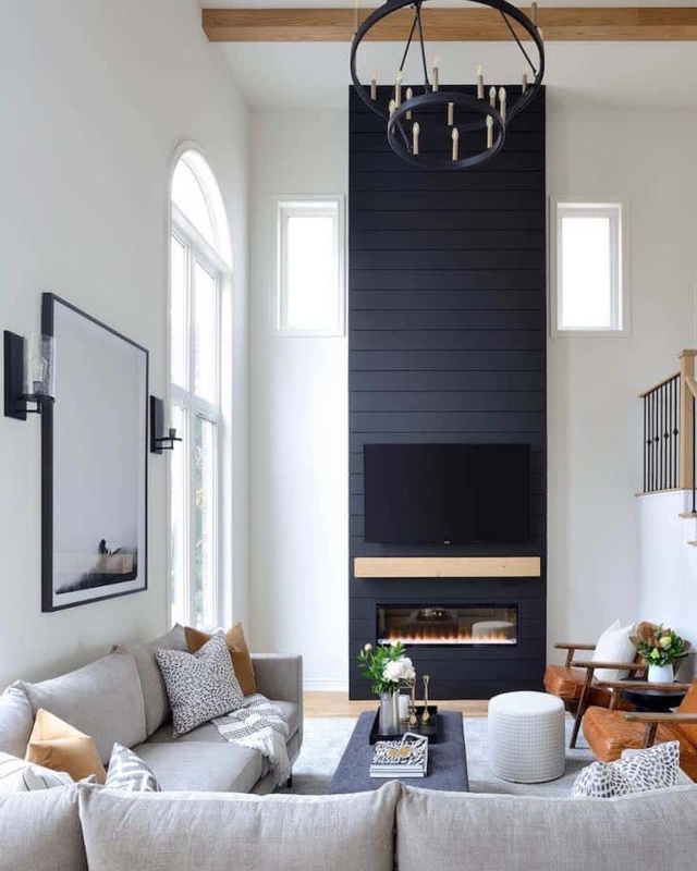 Modern Black Fireplace with High Ceiling Living Room