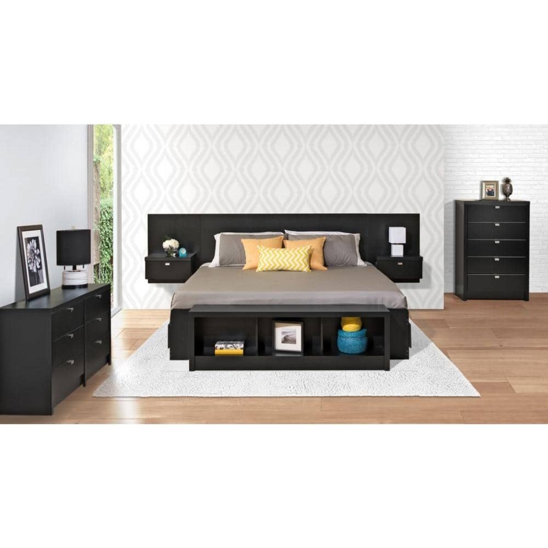 Modern Black Floating King Bed with Integrated Nightstands