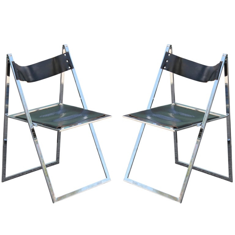 Modern Black Leather and Chrome Folding Dining Chairs