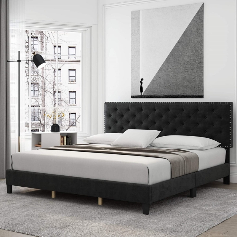 Modern Black Upholstered King Size Bed with Headboard