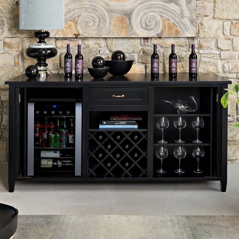 Modern Black Wine and Spirits Credenza with Refrigerator