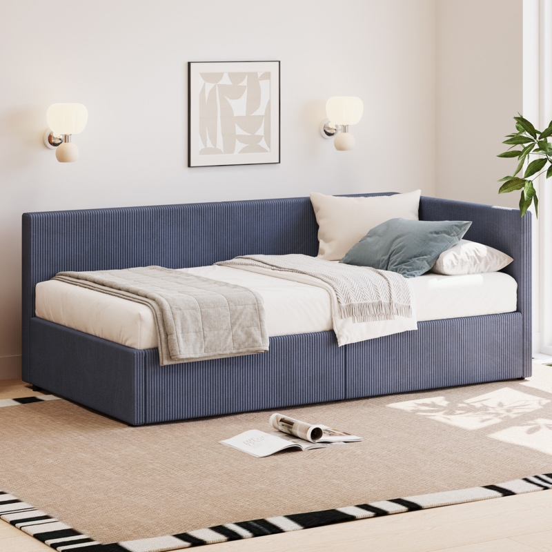Modern Blue Corduroy L-Shape Upholstered Daybed