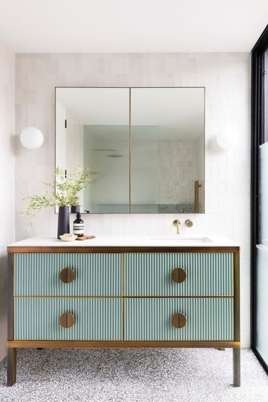 Modern Blue Fluted Bathroom Vanity with Brass Accents