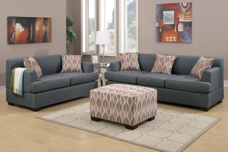 Modern Blue Gray Sofa Set with Patterned Accents