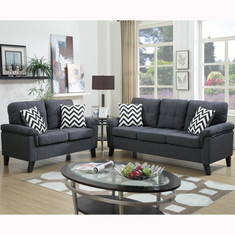 Modern Blue Gray Venetian Sofa Set with Chevron Pillows