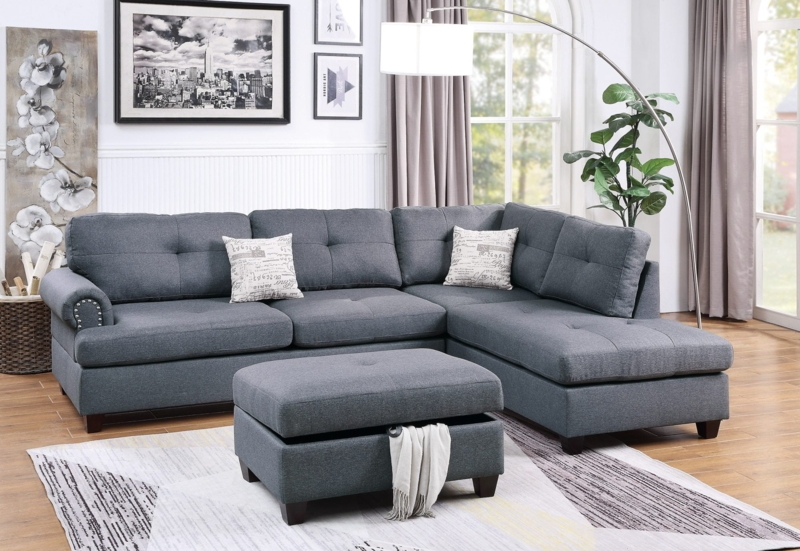 Modern Blue Grey Reversible Sectional Sofa with Ottoman